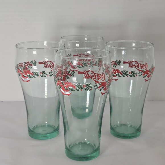 Vintage 1997 Coca Cola Christmas Holly Bells, Green Fountain Glass Set/4 - Picture 2 of 8